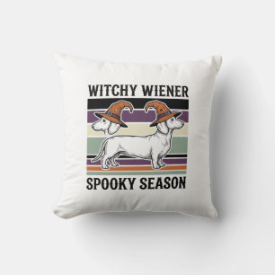Witchy Dachshund Halloween Vintage Engraving Dog S Throw Pillow