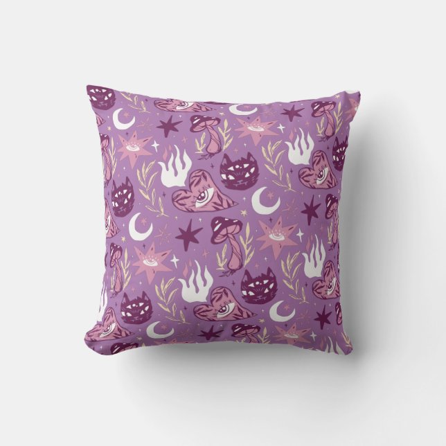 Witchy Elements in Purple and Pinks Throw Pillow (Front)