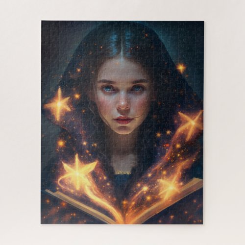 Witchy Girl with Stars Magical Spell Book Jigsaw Puzzle