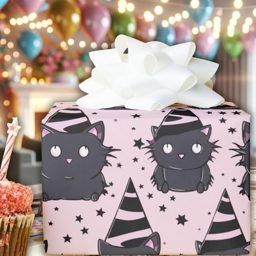 Witchy Goth Baby Pink Black Kitty Cat Birthday Wrapping Paper