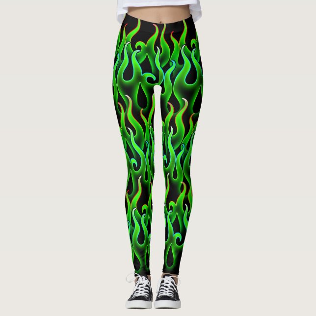 Witchy Green Flames Halloween Fire Leggings (Front)