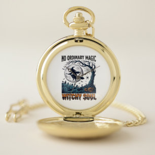 Witchy Halloween Art Vintage Engraving Moonlit Spe Pocket Watch