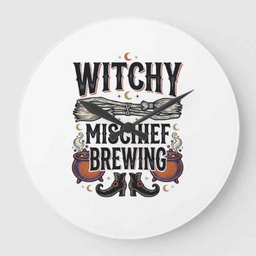 Witchy Halloween Shirt With Broom And Cauldrons_1 Large Clock