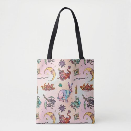 Witchy Halloween Tote Bag with a Hare and Catfish