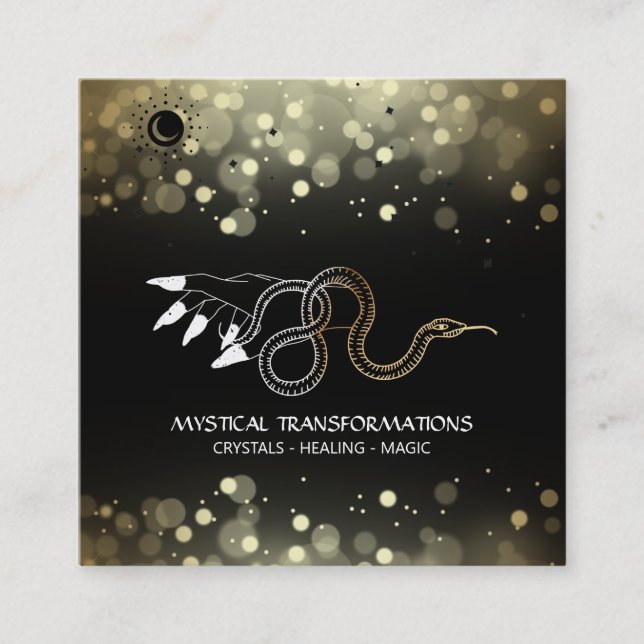 *~* Witchy Hand Gold Snake  Moon Magic Boho Black Square Business Card (Front)