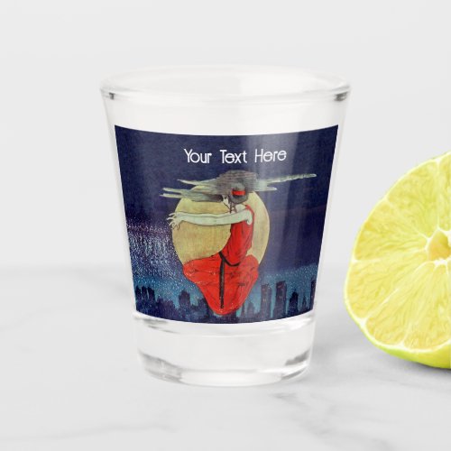 Witchy Lady Floating in Sky over City Shot Glass