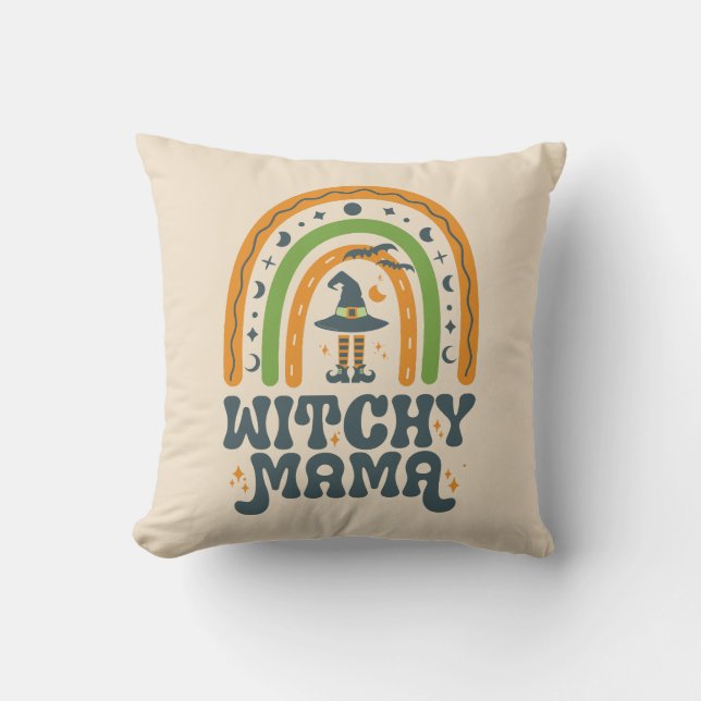 Witchy Mama Mom Mother Rainbow Groovy Halloween  Throw Pillow (Front)