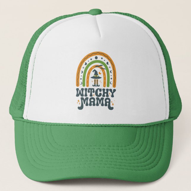 Witchy Mama Mom Mother Rainbow Groovy Halloween  Trucker Hat (Front)