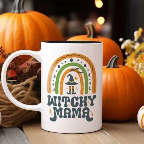Witchy Mama Mom Mother Rainbow Groovy Halloween  Two_Tone Coffee Mug