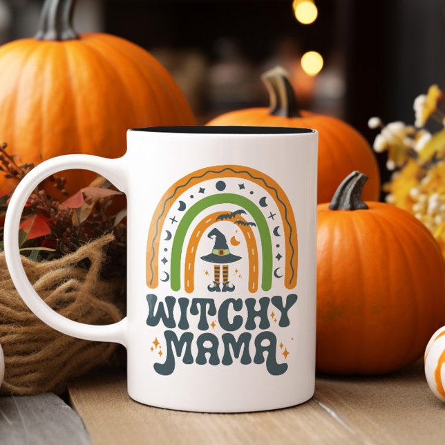 Witchy Mama Mom Mother Rainbow Groovy Halloween  Two-Tone Coffee Mug (Witchy Mama Mom Mother Rainbow Groovy Halloween Two-Tone Coffee Mug)