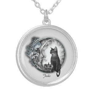 Witchy Moon And Black Cat Personalized Silver Plated Necklace