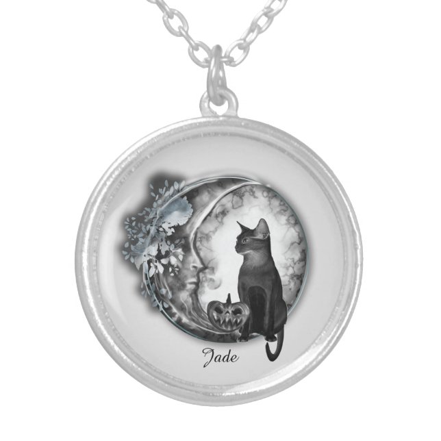 Witchy Moon And Black Cat Personalized Silver Plated Necklace (Front)