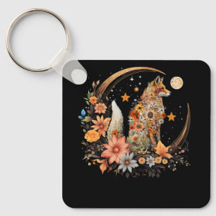 Witchy Moon Cottagecore Floral Fox Aesthetic Art F Keychain