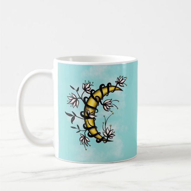 Witchy Moon Floral Boho Art Coffee Mug (Left)