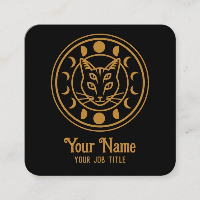 Witchy Moon Phases Cat Square Business Card (Front)