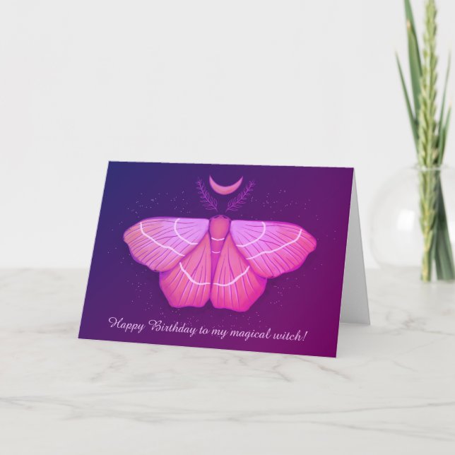 Witchy Moth Moon Purple Magical Insect Birthday Card (Front)