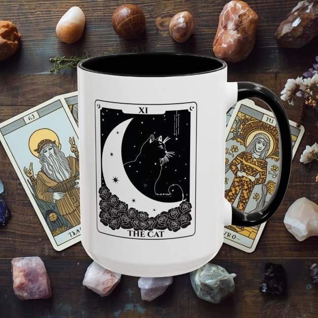 Witchy Mystical Cat Tarot Card Black and White Mug (Cat Tarot Card Black and White Mug for the witchy, spiritual and psyhic.)