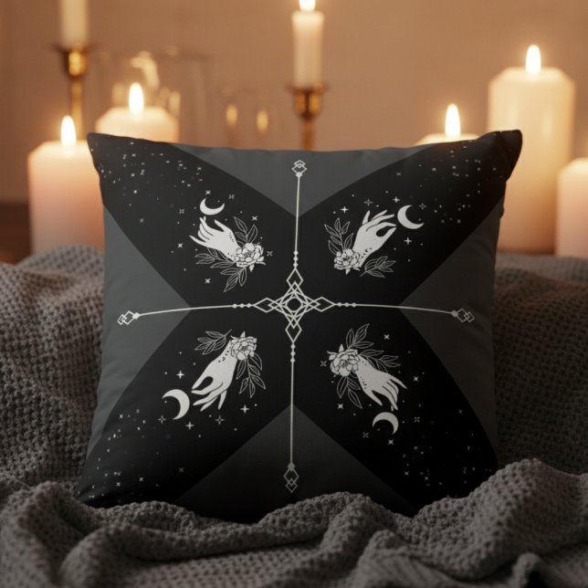 Witchy Noir Celestial Moon Black and White Throw Pillow (Unleash the magic of the night with a captivating "Witchy Noir" Celestial Throw Pillow)