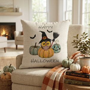 Witchy Owl Happy Halloween Throw Pillow