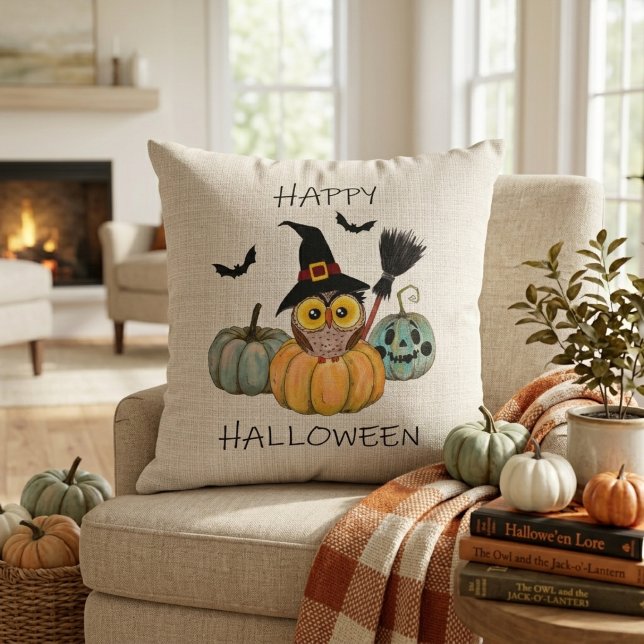 Witchy Owl Happy Halloween Throw Pillow (Witchy Owl Happy Halloween Throw Pillow)