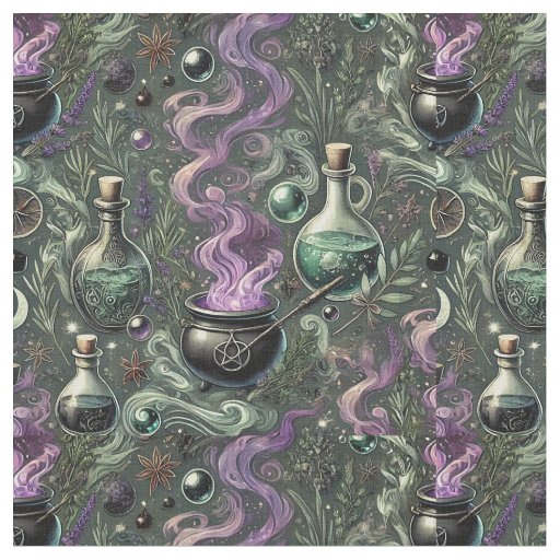 Witchy Pattern-Cauldron and Potion Design Fabric