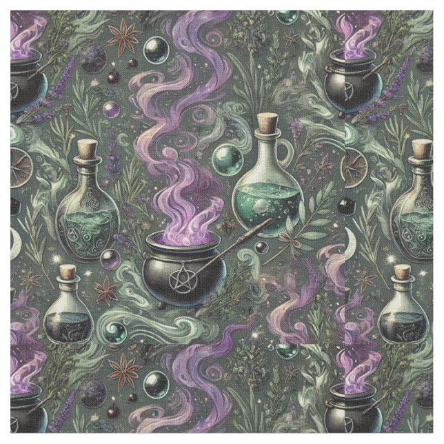 Witchy Pattern-Cauldron and Potion Design Fabric (Close Up)