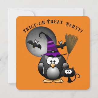 Witchy Penguin with Halloween Scene Invitation