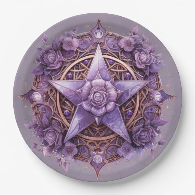 Witchy Pentacle Party Plate – Purple Rose Design (Front)
