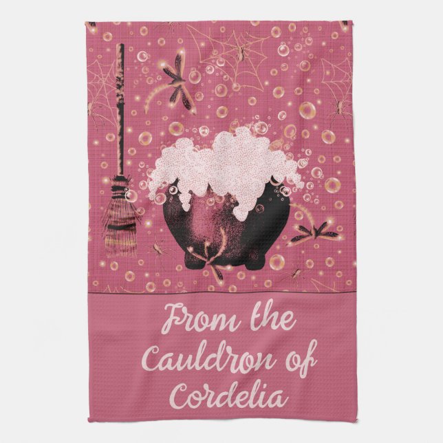 Witchy Pink Cauldron Bubbles Personalized Name Kitchen Towel (Vertical)
