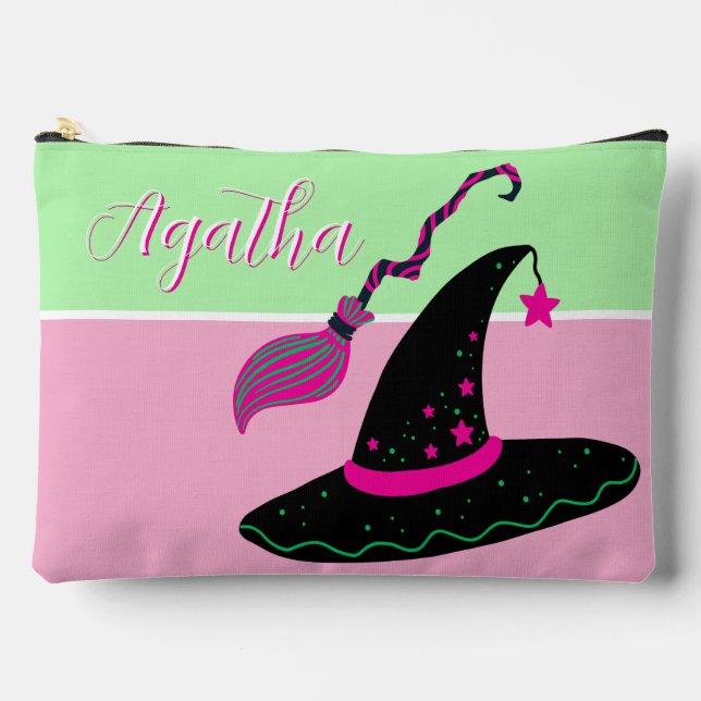 Witchy Pink Halloween Hat & Broom  Accessory Pouch (Front)