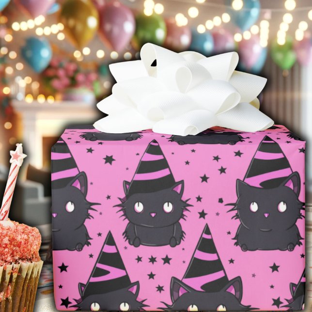 Witchy Pink Pastel Goth Black Kitty Cat Birthday Wrapping Paper (pastel goth hot pink black kitty cat witchy wrapping paper witch cute whimsical witch hat stars)