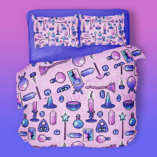 Witchy Pink Purple Pixel Art Pattern Duvet Cover