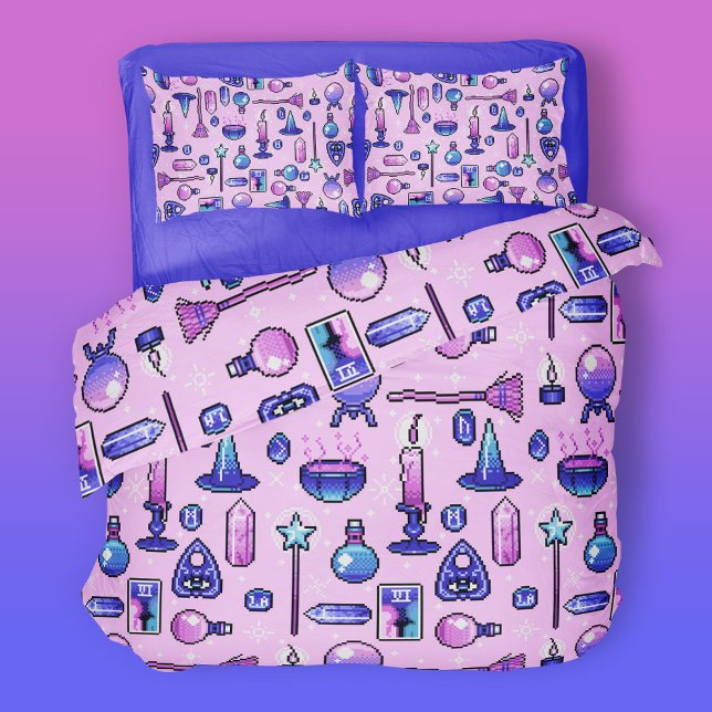 Witchy Pink Purple Pixel Art Pattern Duvet Cover (Creator Uploaded)