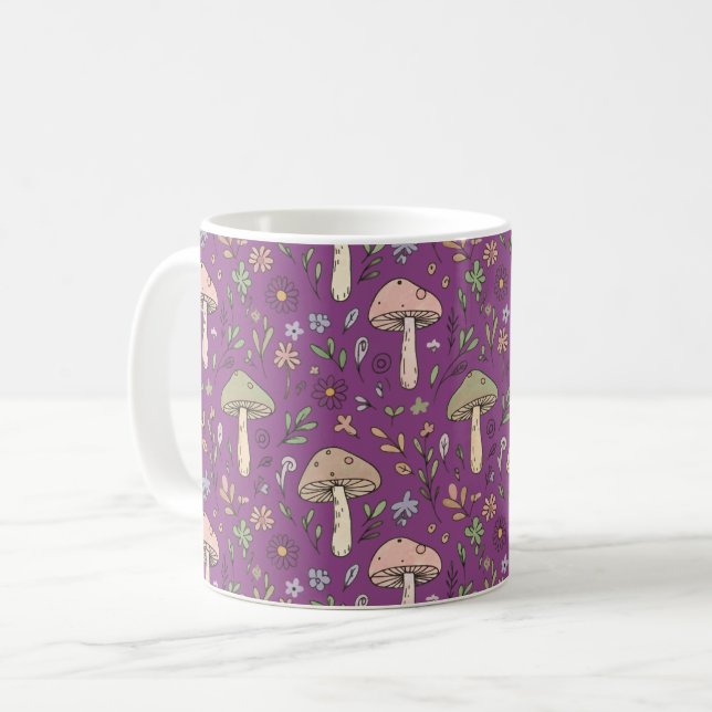 Witchy Plum Purple Fungi Seamless Pattern Gift Coffee Mug (Front Left)