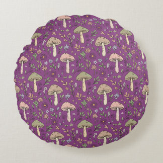 Witchy Plum Purple Fungi Seamless Pattern Gift Round Pillow