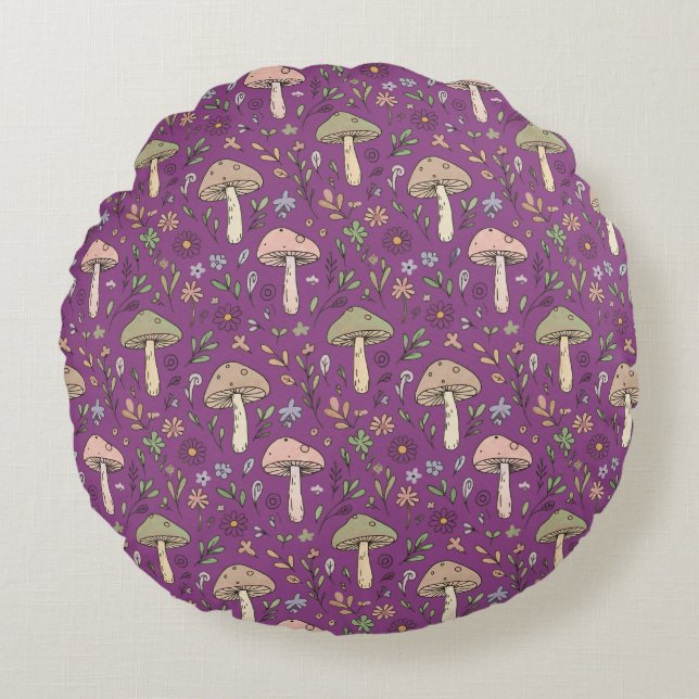 Witchy Plum Purple Fungi Seamless Pattern Gift Round Pillow (Front)