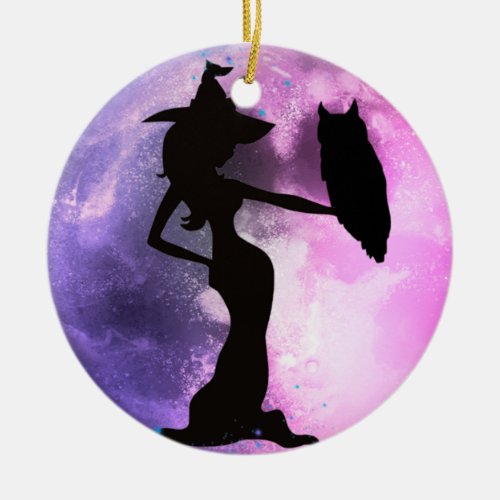 Witchy Purple art Book of Spells witch owl moon Ceramic Ornament