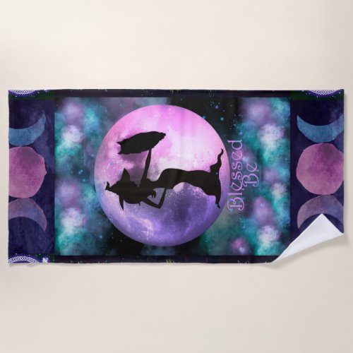 Witchy Purple Book of shadows Witch Owl Moon Beach Towel