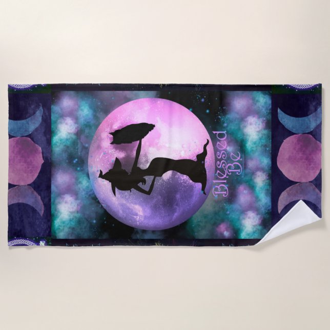 Witchy Purple, Book of shadows, Witch Owl Moon Beach Towel (Front)