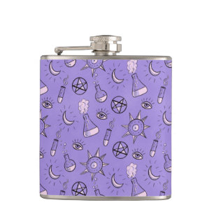 Witchy Purple Potion, Moon, Sun and Eye Pattern Flask