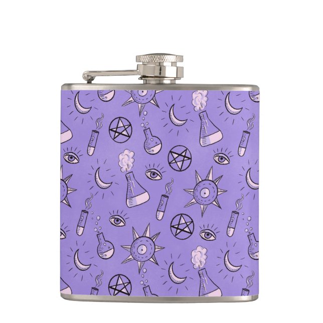 Witchy Purple Potion, Moon, Sun and Eye Pattern Flask (Front)