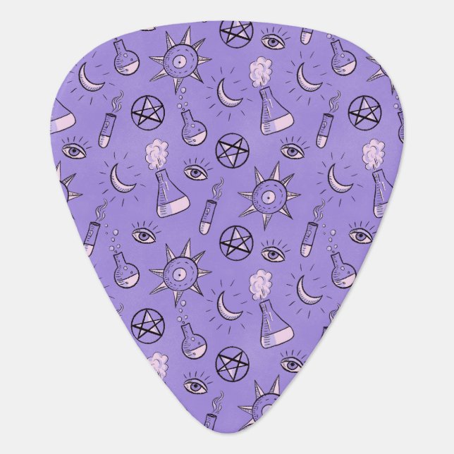 Witchy Purple Potion, Moon, Sun and Eye Pattern Guitar Pick (Front)