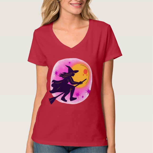 "Witchy Ride – Halloween Flying Broom Tee" T-Shirt (Front)