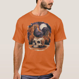 Witchy Rooster Atop Skull Halloween Witchcraft Roo T-Shirt