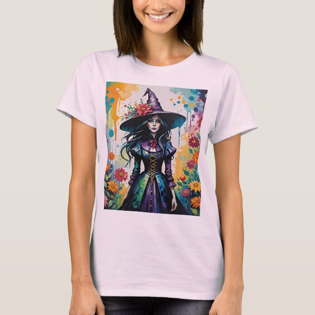 Witchy Surreal Floral Halloween Witch T-Shirt (Front)