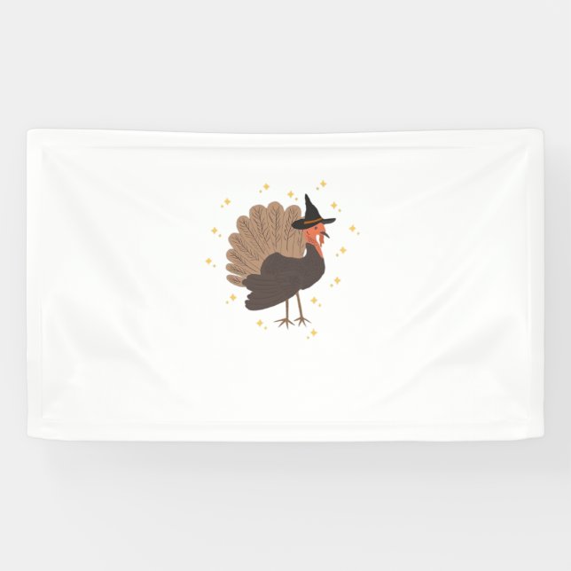 Witchy turkey with hat and sparkling stars illustr banner (Horizontal)