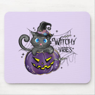 Witchy Vibes – Black Cat on Purple Jack-O-Lantern Mouse Pad