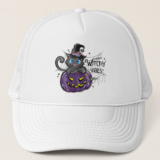 Witchy Vibes – Black Cat on Purple Jack-O-Lantern Trucker Hat (Front)