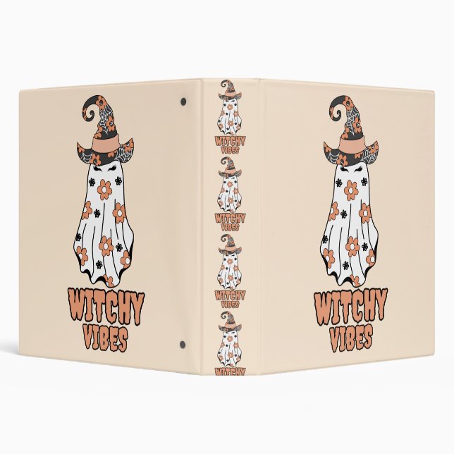 "Witchy Vibes" Halloween Witch Ghost Orange 3 Ring Binder (Background)