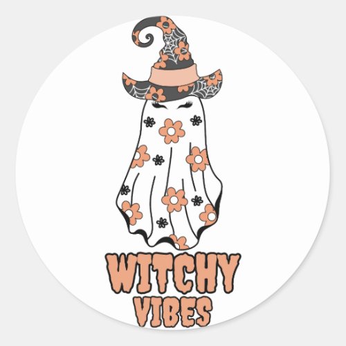 Witchy Vibes Halloween Witch Ghost Orange Classic Round Sticker